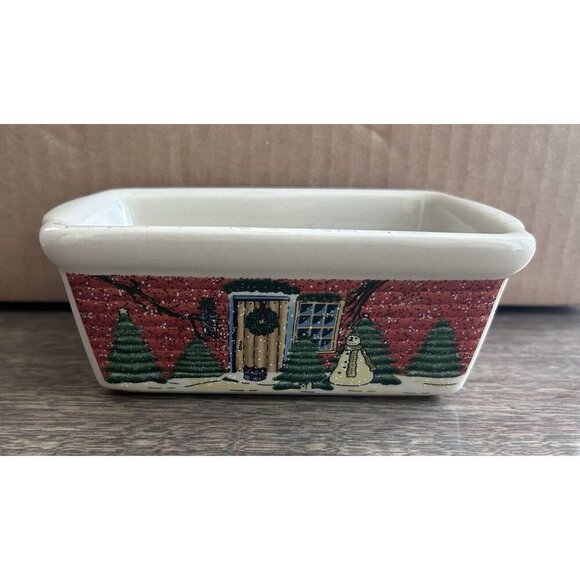 Christmas Mini Loaf Pan Nantucket Co 5 x 3 DW MW Oven Safe Tree Snowman - Picture 2 of 7